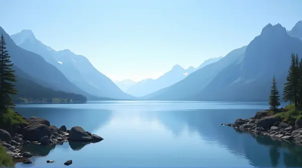 Wide lake bordered by rocky shores and trees with sharp peaks rising under a clear blue sky
