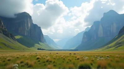 Expansive Meadow Near Rocky Peaks Under Cumulus Clouds