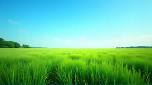 Wide-angle view of a large meadow with tall grass gently moving below a clear bright sky and distant trees.