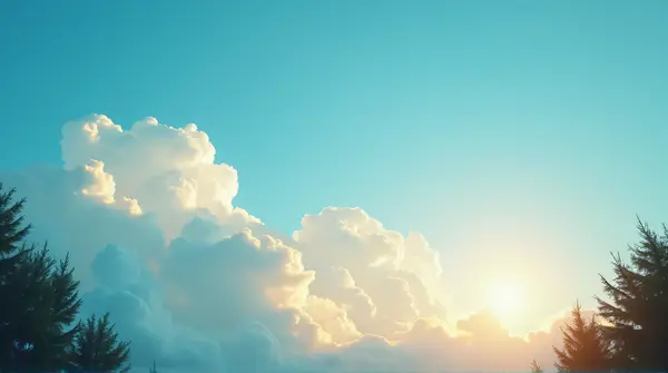 Wide sky filled with soft white clouds lit by warm sunlight above silhouetted treetops near the horizon.