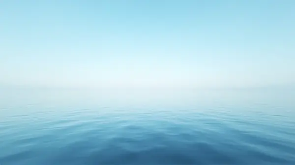 Wide-angle view of a vast body of calm water beneath a clear blue sky.