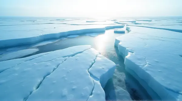 Low angle view of a wide transparent ice surface showing detailed fractures under soft light