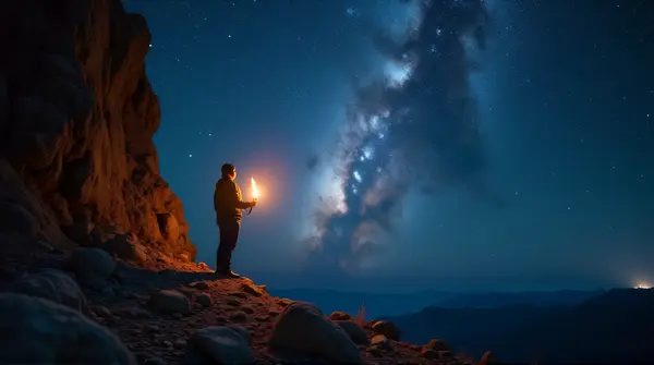 Explorer Holding Torch Near Rocky Cliff Under Cosmic Galaxy