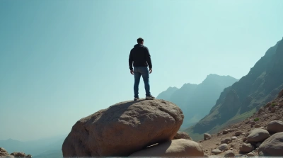 Explorer On Massive Boulder With Open Sky