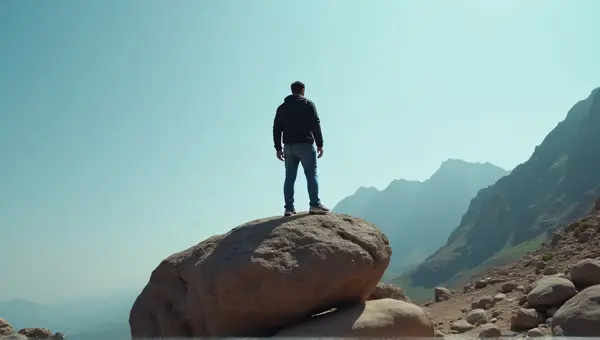 Explorer On Massive Boulder With Open Sky
