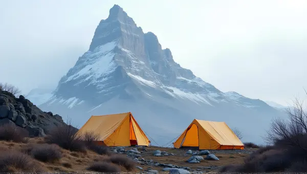 Fabric Shelters Near Frosted Peak Under Pale Sky