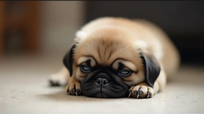Fawn Pug Dog Resting Calmly On Smooth Surface