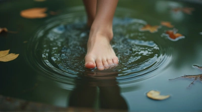 Feet Touching Peaceful Pond Surface With Leaves