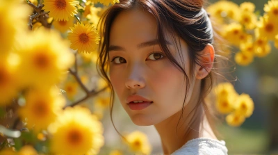 Female Figure Near Golden Blossoms In Daylight