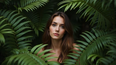 Female Figure Surrounded by Boston Ferns in Soft Light