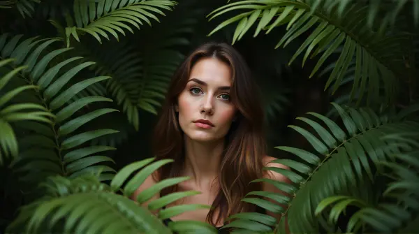 Female Figure Surrounded by Boston Ferns in Soft Light