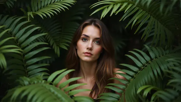 Female Figure Surrounded by Boston Ferns in Soft Light