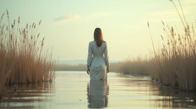 Female Model Beside Peaceful Water With Reeds
