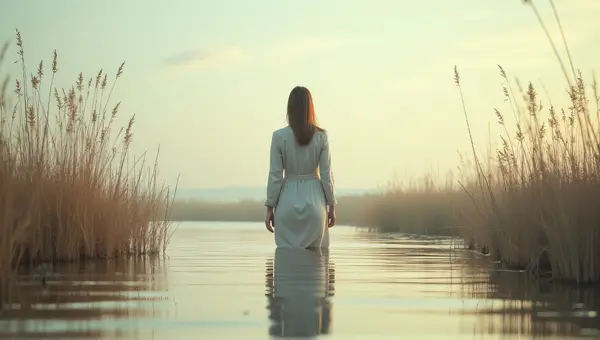 Female Model Beside Peaceful Water With Reeds