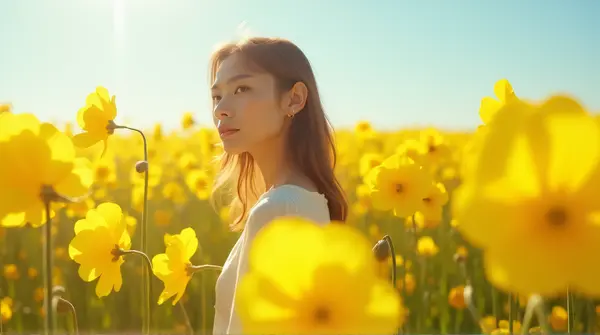Female Model Posing Beside Yellow Flower Field