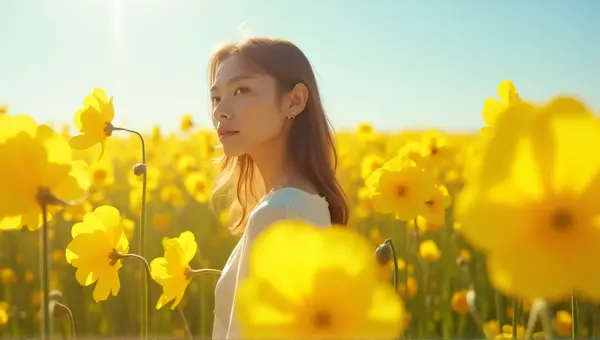 Female Model Posing Beside Yellow Flower Field