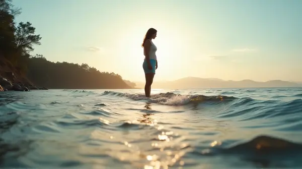 A solitary female silhouette stands by a lakeside with sunlight casting a glow and gentle ripples around her.