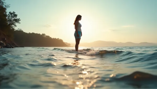 Female Silhouette By Lakeside With Sunlight Glow