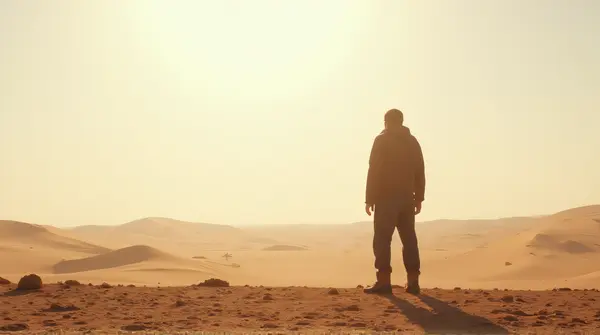 Figure On Arid Terrain With Dunes And Clear Sky