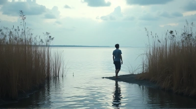 Figure by Water with Reeds and Cloudy Sky