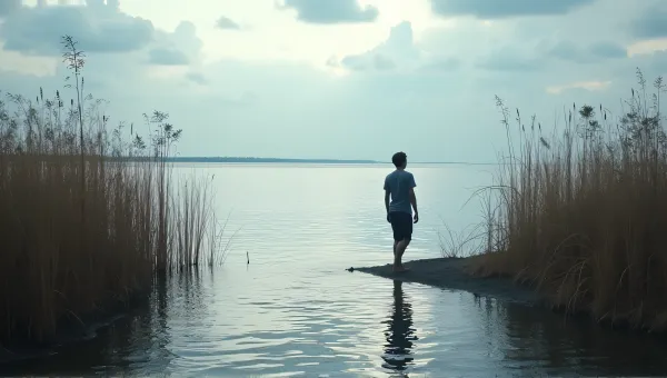 Figure by Water with Reeds and Cloudy Sky