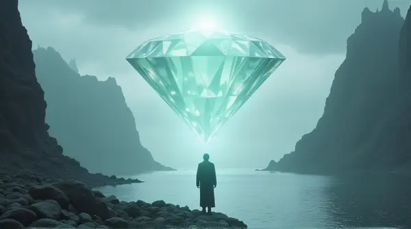 Figure Casting Gem Over Lake With Rocky Cliffs