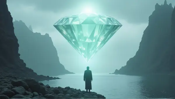 Figure Casting Gem Over Lake With Rocky Cliffs