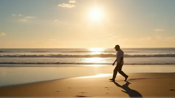 Figure Moving Along Sandy Beach With Ocean Waves