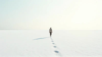 Figure Striding Across Bright Open Landscape