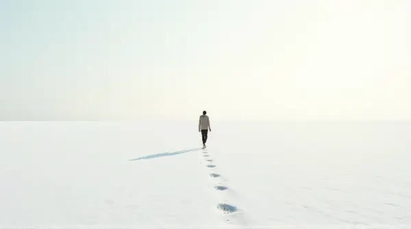 A figure walks through a vast white landscape with pale sunlight casting long shadows on the surface.