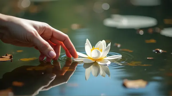 Fingers Grazing Blossom On Reflective Water Surface