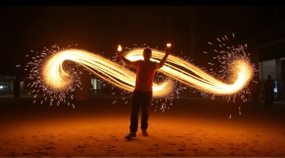 Flaming Batons Twirling Sparks Outdoor