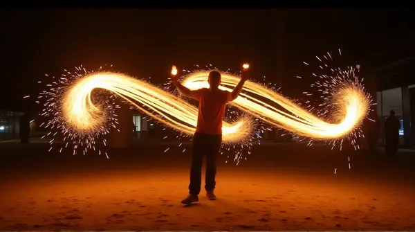 Flaming Batons Twirling Sparks Outdoor