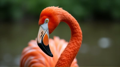 Flamingo Headshot With Curved Beak And Eye Focus