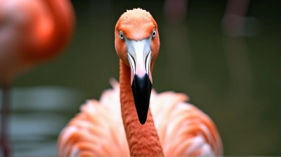 Flamingo Portrait With Detailed Feathers And Curved Beak