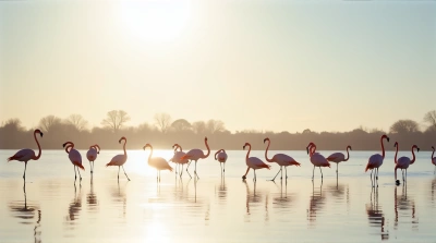 Flamingos Standing in Shallow Lake Under Sunlight