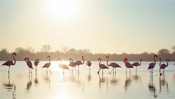 Flamingos Standing in Shallow Lake Under Sunlight