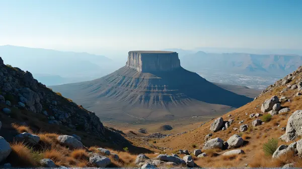 Flat-topped butte with rocky slopes and sparse plants under a clear blue sky with foreground shadows