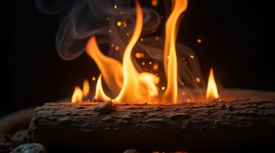 Flickering Flame On Textured Brown Log With Smoke