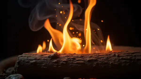 Close-up of a flickering flame on a textured brown log with swirling smoke and sparks against a dark background.