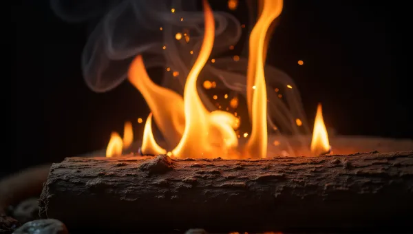 Flickering Flame On Textured Brown Log With Smoke