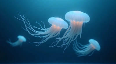 Floating Pale Bell-Shaped Creatures in Blue