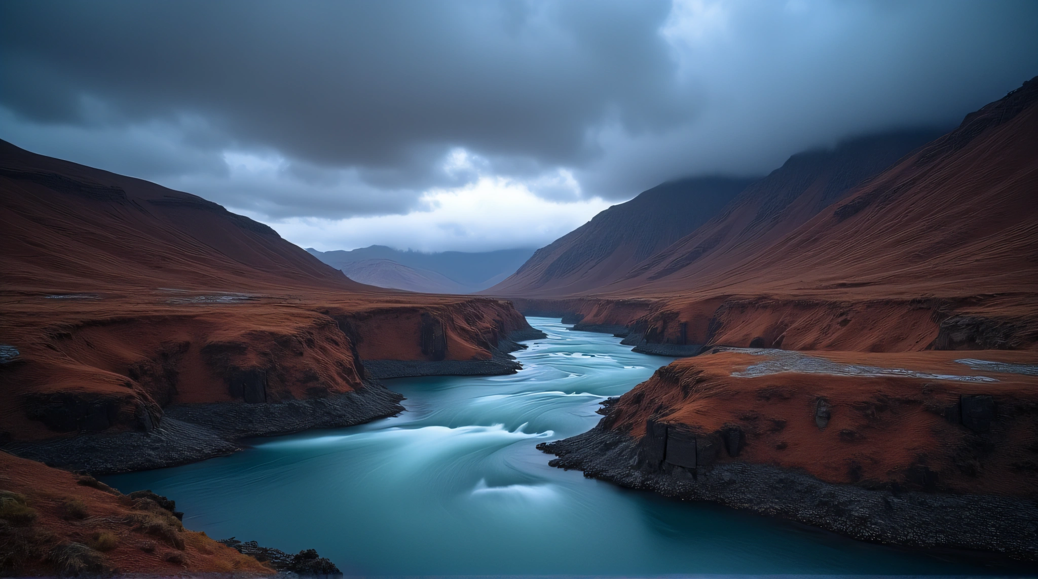 Flowing River Between Ochre Mountains At Dusk
