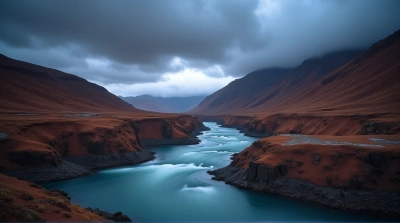 Flowing River Between Ochre Mountains At Dusk