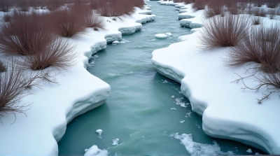 Flowing Stream With Fractured Ice And Bare Shrubs