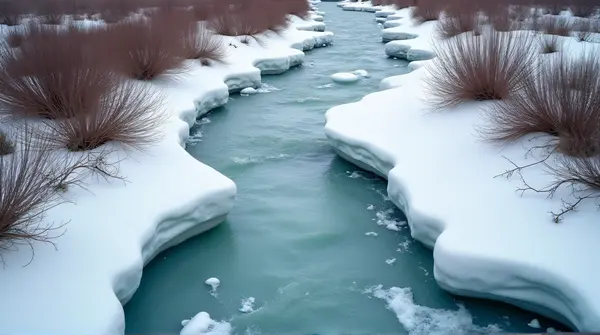 High-angle view of a flowing stream with broken ice sheets and sparse leafless shrubs on dry land