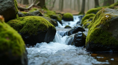Flowing Stream Over Mossy Stones In Dense Woods