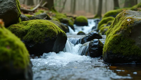 Flowing Stream Over Mossy Stones In Dense Woods