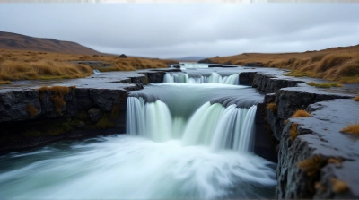 Flowing Stream Over Rocky Ledges Under Cloudy Sky