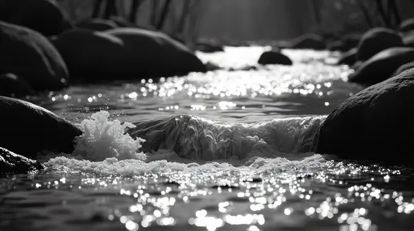 High-contrast grayscale image of a flowing stream showing fluid patterns and natural light highlights
